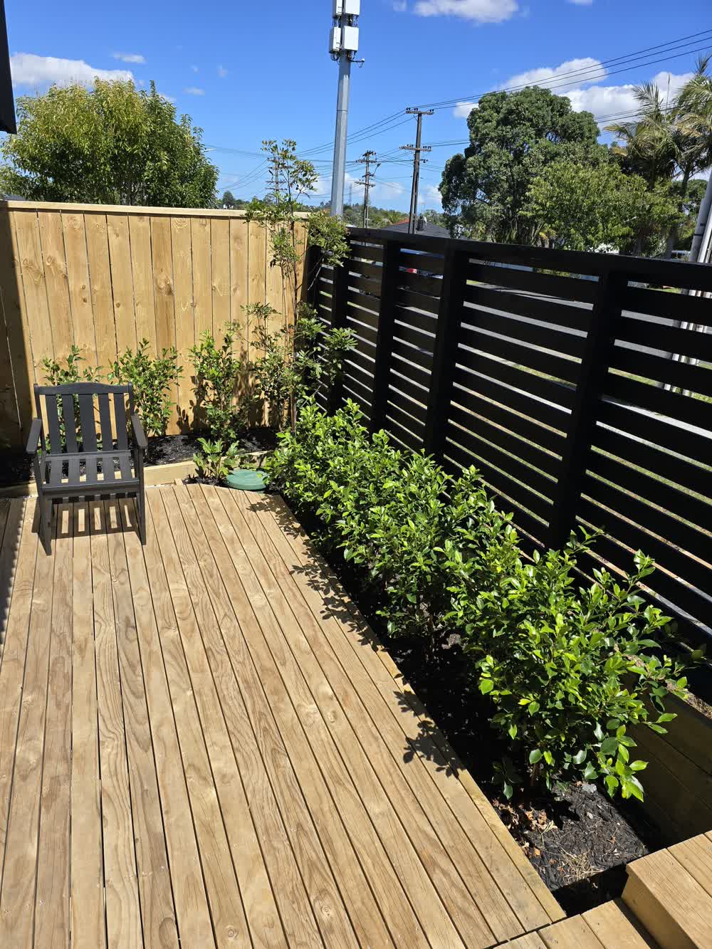 Black horizontal wooden fence in tiny garden with hedge
